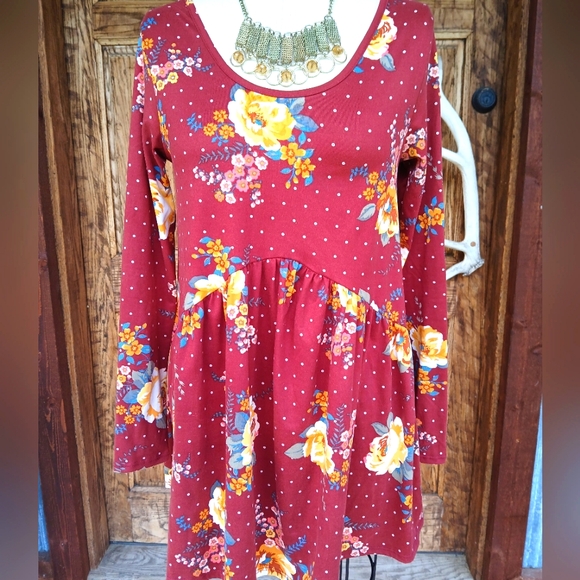 AGNES & DORA Muse Top Rust FLORAL DOT  Babydoll Shirt Tunic Blouse Boho - Picture 1 of 7